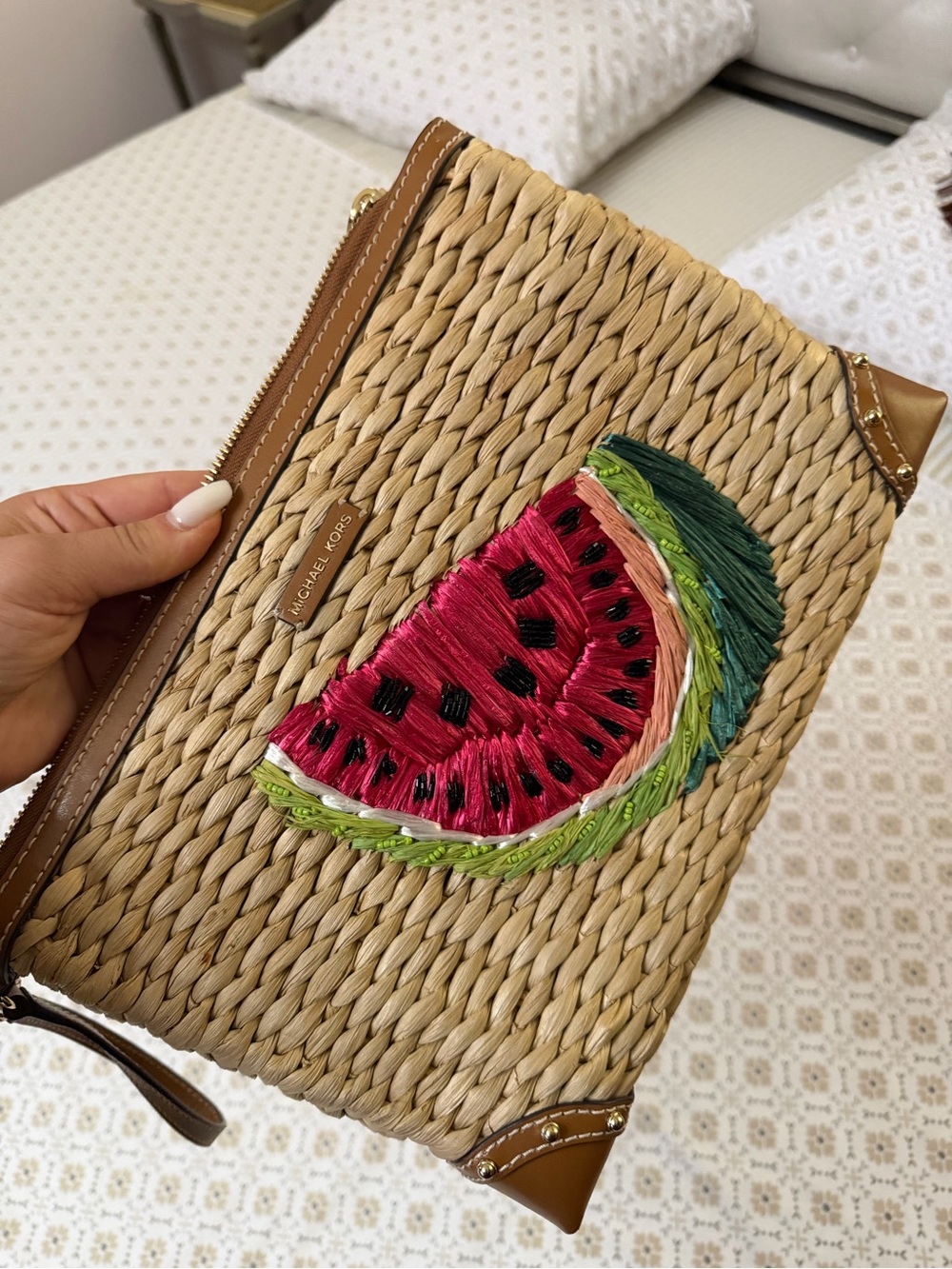 Michael Kors Straw Wristlet with Pink & Green Watermelon Embroidery